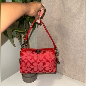 Coach Signature Wristlet Red Jacquard Leather 🍒